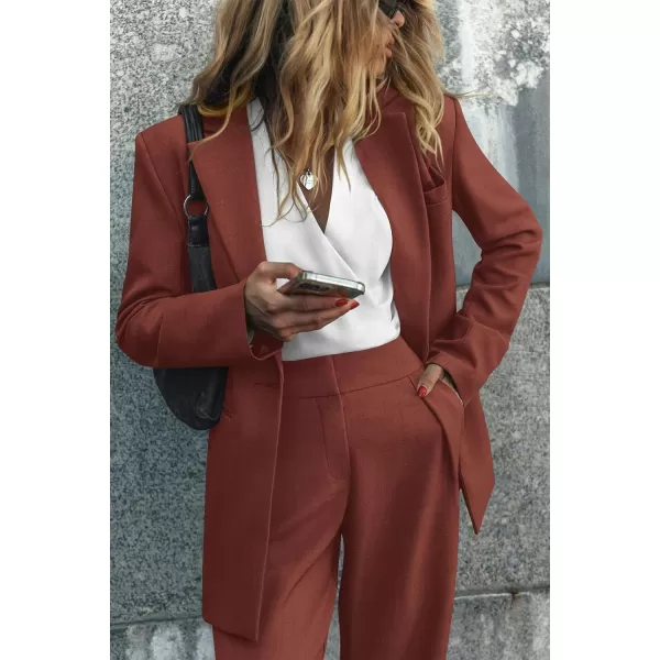 imagePRETTYGARDEN Womens 2023 Fall Two Piece Outfits Blazer Jacket and Wide Leg Pants Pockets Business Casual Suit SetsBrown Red