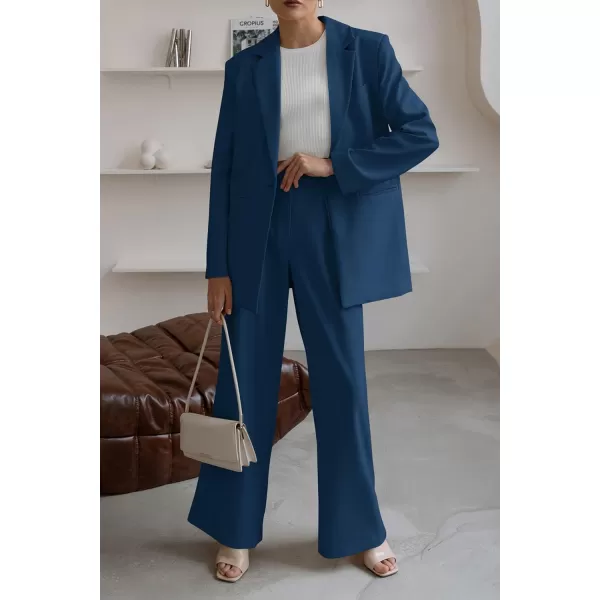 imagePRETTYGARDEN Womens 2023 Fall Two Piece Outfits Blazer Jacket and Wide Leg Pants Pockets Business Casual Suit SetsDark Blue