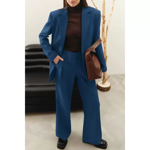 imagePRETTYGARDEN Womens 2023 Fall Two Piece Outfits Blazer Jacket and Wide Leg Pants Pockets Business Casual Suit SetsDark Blue