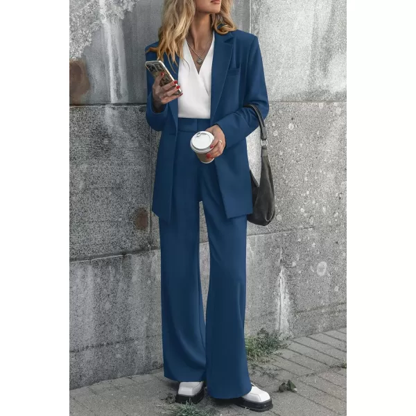 imagePRETTYGARDEN Womens 2023 Fall Two Piece Outfits Blazer Jacket and Wide Leg Pants Pockets Business Casual Suit SetsDark Blue