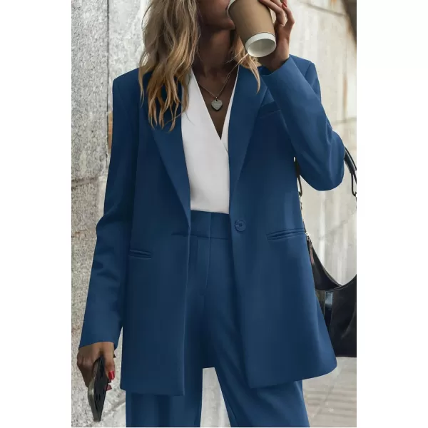 imagePRETTYGARDEN Womens 2023 Fall Two Piece Outfits Blazer Jacket and Wide Leg Pants Pockets Business Casual Suit SetsDark Blue