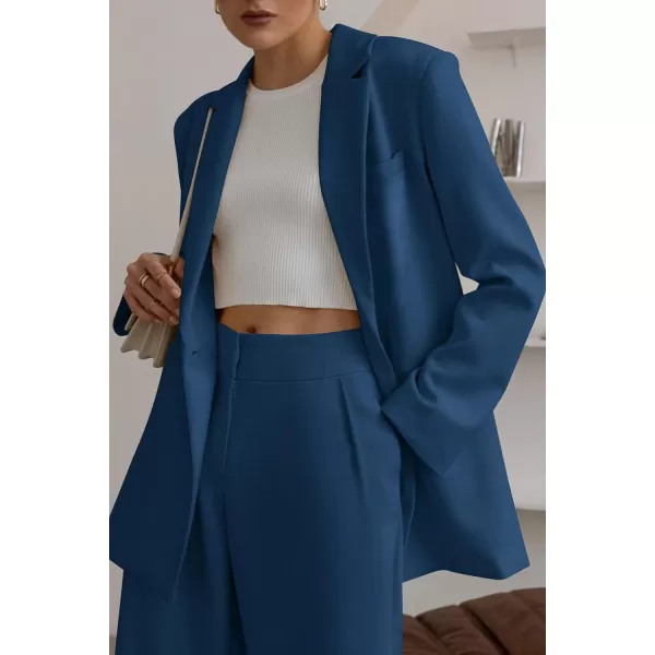 imagePRETTYGARDEN Womens 2023 Fall Two Piece Outfits Blazer Jacket and Wide Leg Pants Pockets Business Casual Suit SetsDark Blue