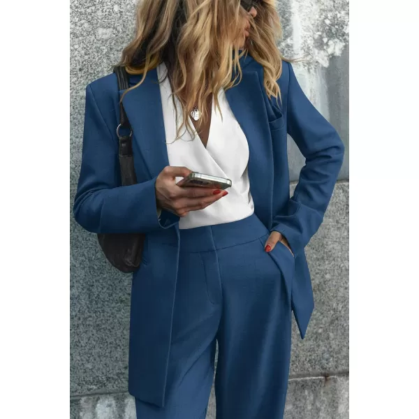 imagePRETTYGARDEN Womens 2023 Fall Two Piece Outfits Blazer Jacket and Wide Leg Pants Pockets Business Casual Suit SetsDark Blue