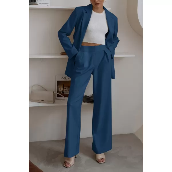 imagePRETTYGARDEN Womens 2023 Fall Two Piece Outfits Blazer Jacket and Wide Leg Pants Pockets Business Casual Suit SetsDark Blue