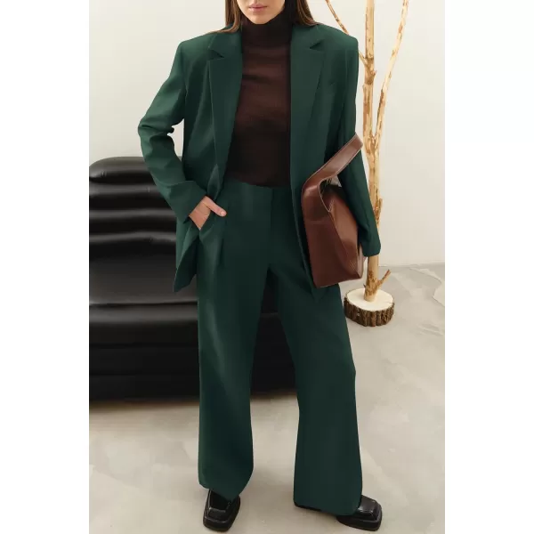 imagePRETTYGARDEN Womens 2023 Fall Two Piece Outfits Blazer Jacket and Wide Leg Pants Pockets Business Casual Suit SetsDark Green