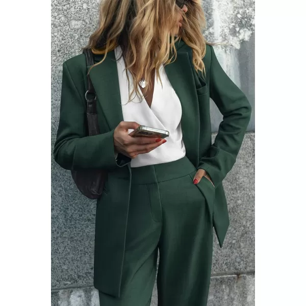 imagePRETTYGARDEN Womens 2023 Fall Two Piece Outfits Blazer Jacket and Wide Leg Pants Pockets Business Casual Suit SetsDark Green