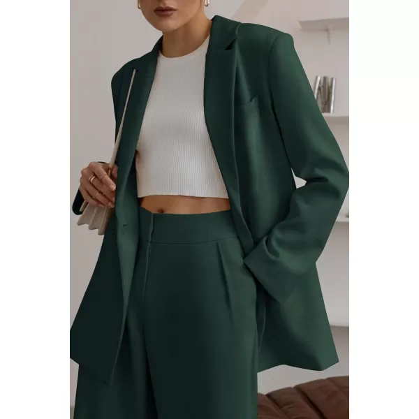 imagePRETTYGARDEN Womens 2023 Fall Two Piece Outfits Blazer Jacket and Wide Leg Pants Pockets Business Casual Suit SetsDark Green