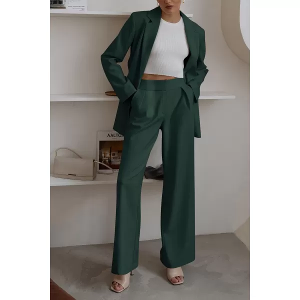 imagePRETTYGARDEN Womens 2023 Fall Two Piece Outfits Blazer Jacket and Wide Leg Pants Pockets Business Casual Suit SetsDark Green