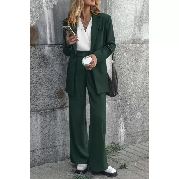 imagePRETTYGARDEN Womens 2023 Fall Two Piece Outfits Blazer Jacket and Wide Leg Pants Pockets Business Casual Suit SetsDark Green