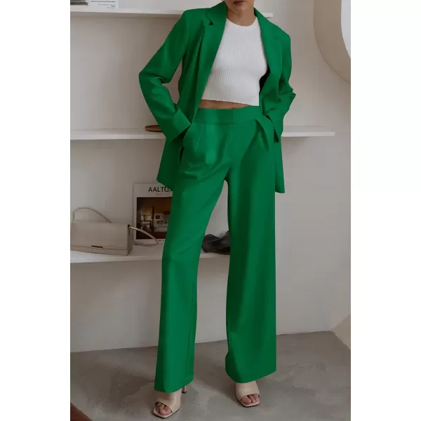 imagePRETTYGARDEN Womens 2023 Fall Two Piece Outfits Blazer Jacket and Wide Leg Pants Pockets Business Casual Suit SetsGreen