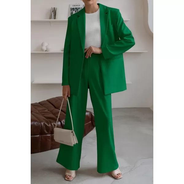 imagePRETTYGARDEN Womens 2023 Fall Two Piece Outfits Blazer Jacket and Wide Leg Pants Pockets Business Casual Suit SetsGreen