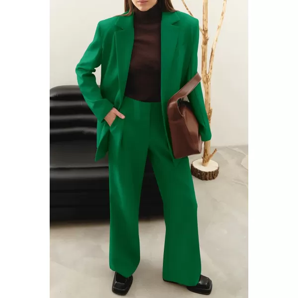 imagePRETTYGARDEN Womens 2023 Fall Two Piece Outfits Blazer Jacket and Wide Leg Pants Pockets Business Casual Suit SetsGreen