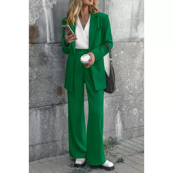 imagePRETTYGARDEN Womens 2023 Fall Two Piece Outfits Blazer Jacket and Wide Leg Pants Pockets Business Casual Suit SetsGreen