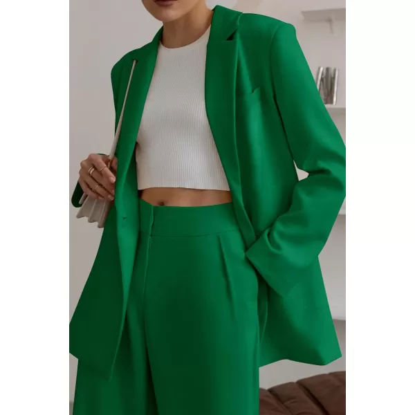 imagePRETTYGARDEN Womens 2023 Fall Two Piece Outfits Blazer Jacket and Wide Leg Pants Pockets Business Casual Suit SetsGreen