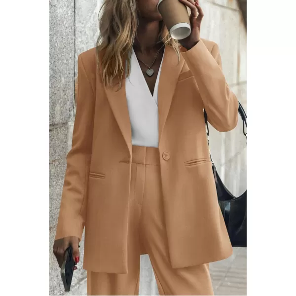 imagePRETTYGARDEN Womens 2023 Fall Two Piece Outfits Blazer Jacket and Wide Leg Pants Pockets Business Casual Suit SetsKhaki