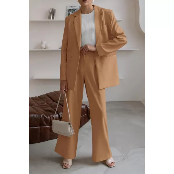 imagePRETTYGARDEN Womens 2023 Fall Two Piece Outfits Blazer Jacket and Wide Leg Pants Pockets Business Casual Suit SetsKhaki