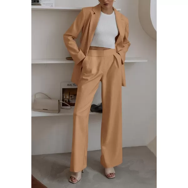 imagePRETTYGARDEN Womens 2023 Fall Two Piece Outfits Blazer Jacket and Wide Leg Pants Pockets Business Casual Suit SetsKhaki