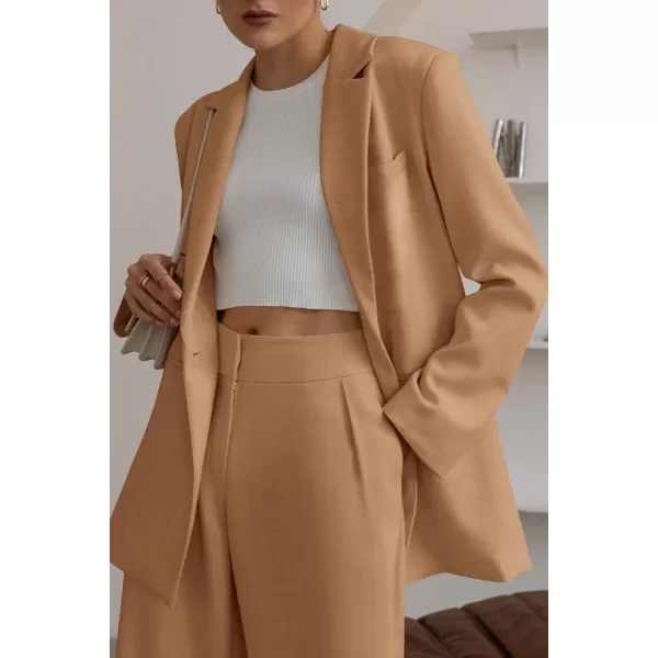 imagePRETTYGARDEN Womens 2023 Fall Two Piece Outfits Blazer Jacket and Wide Leg Pants Pockets Business Casual Suit SetsKhaki