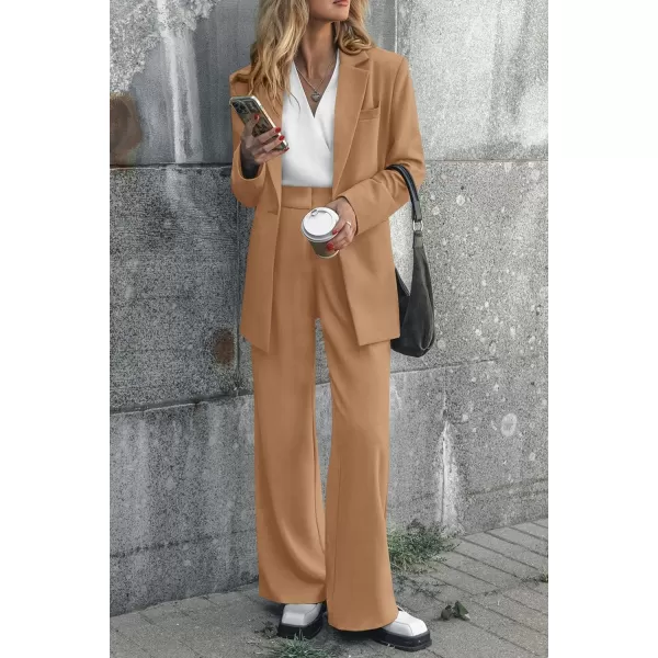 imagePRETTYGARDEN Womens 2023 Fall Two Piece Outfits Blazer Jacket and Wide Leg Pants Pockets Business Casual Suit SetsKhaki