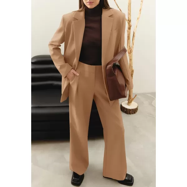 imagePRETTYGARDEN Womens 2023 Fall Two Piece Outfits Blazer Jacket and Wide Leg Pants Pockets Business Casual Suit SetsKhaki