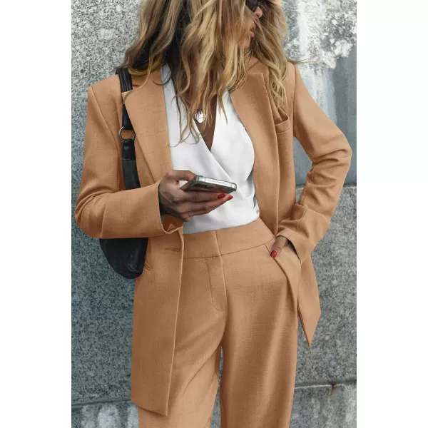 imagePRETTYGARDEN Womens 2023 Fall Two Piece Outfits Blazer Jacket and Wide Leg Pants Pockets Business Casual Suit SetsKhaki