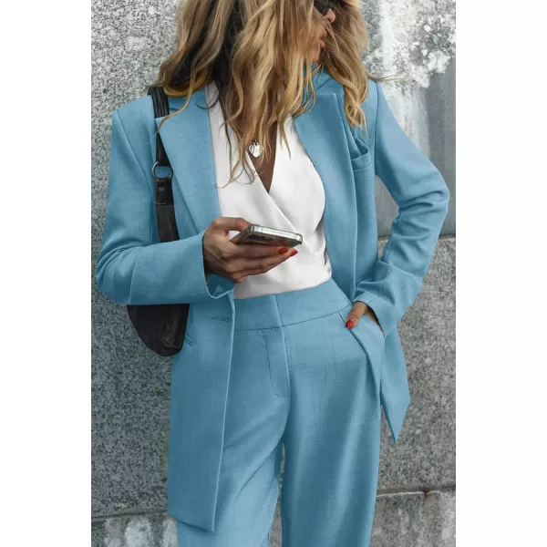imagePRETTYGARDEN Womens 2023 Fall Two Piece Outfits Blazer Jacket and Wide Leg Pants Pockets Business Casual Suit SetsLake Blue