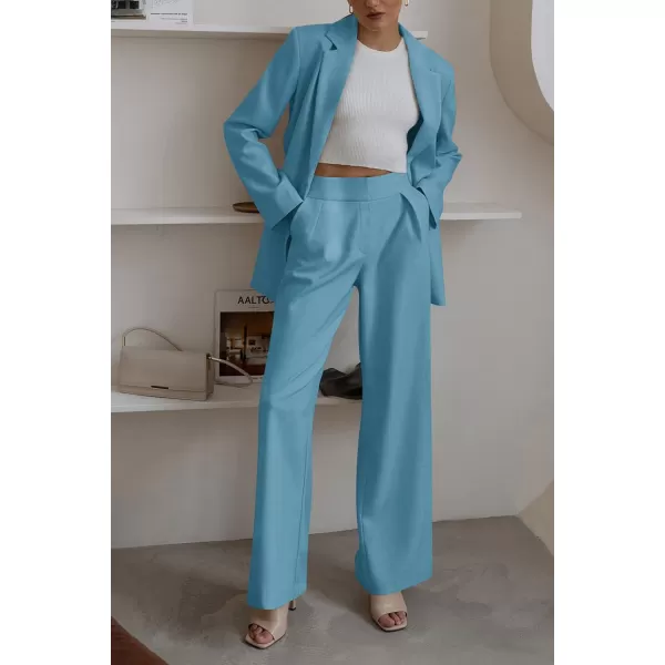 imagePRETTYGARDEN Womens 2023 Fall Two Piece Outfits Blazer Jacket and Wide Leg Pants Pockets Business Casual Suit SetsLake Blue