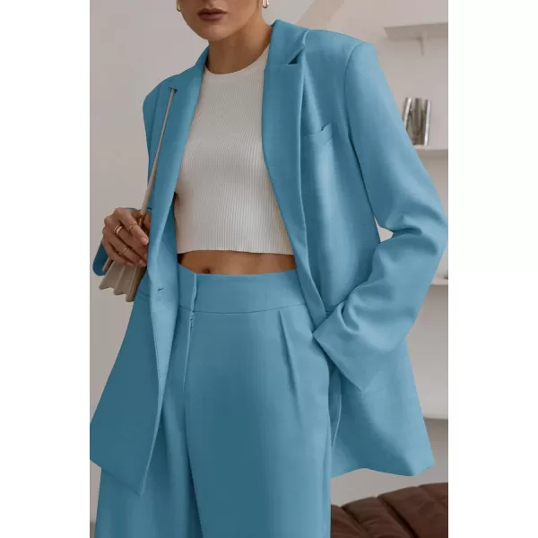 imagePRETTYGARDEN Womens 2023 Fall Two Piece Outfits Blazer Jacket and Wide Leg Pants Pockets Business Casual Suit SetsLake Blue