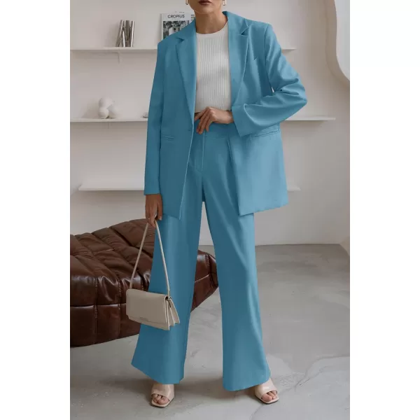 imagePRETTYGARDEN Womens 2023 Fall Two Piece Outfits Blazer Jacket and Wide Leg Pants Pockets Business Casual Suit SetsLake Blue
