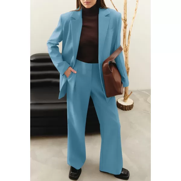 imagePRETTYGARDEN Womens 2023 Fall Two Piece Outfits Blazer Jacket and Wide Leg Pants Pockets Business Casual Suit SetsLake Blue