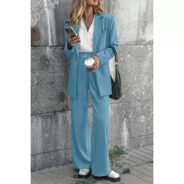 imagePRETTYGARDEN Womens 2023 Fall Two Piece Outfits Blazer Jacket and Wide Leg Pants Pockets Business Casual Suit SetsLake Blue