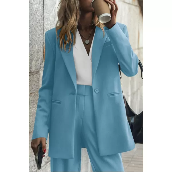imagePRETTYGARDEN Womens 2023 Fall Two Piece Outfits Blazer Jacket and Wide Leg Pants Pockets Business Casual Suit SetsLake Blue