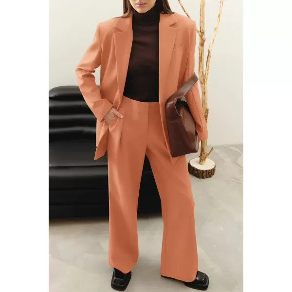 imagePRETTYGARDEN Womens 2023 Fall Two Piece Outfits Blazer Jacket and Wide Leg Pants Pockets Business Casual Suit SetsOrange