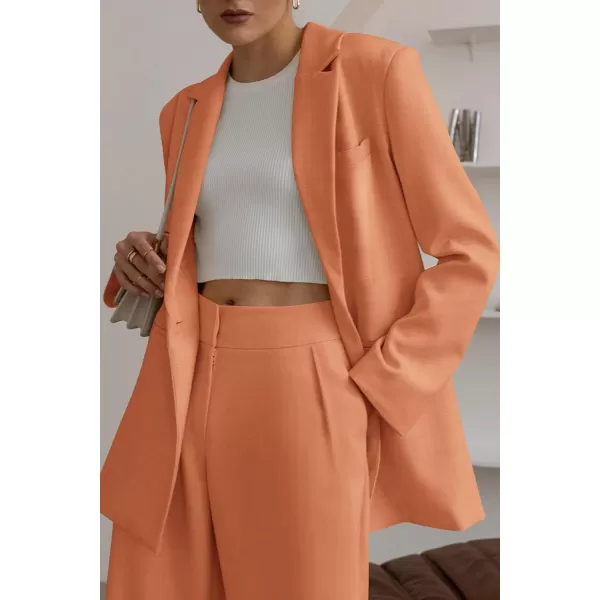imagePRETTYGARDEN Womens 2023 Fall Two Piece Outfits Blazer Jacket and Wide Leg Pants Pockets Business Casual Suit SetsOrange