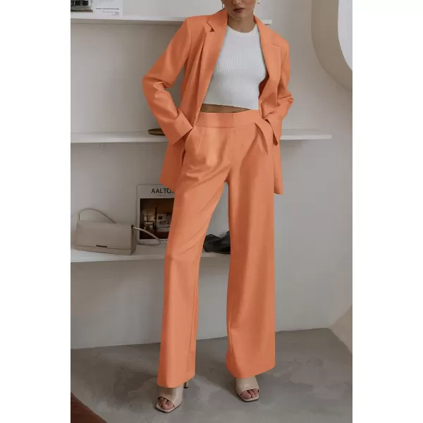 imagePRETTYGARDEN Womens 2023 Fall Two Piece Outfits Blazer Jacket and Wide Leg Pants Pockets Business Casual Suit SetsOrange