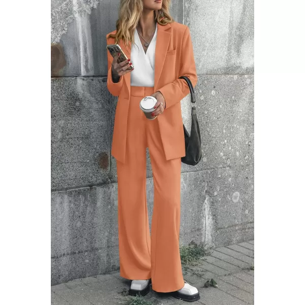imagePRETTYGARDEN Womens 2023 Fall Two Piece Outfits Blazer Jacket and Wide Leg Pants Pockets Business Casual Suit SetsOrange