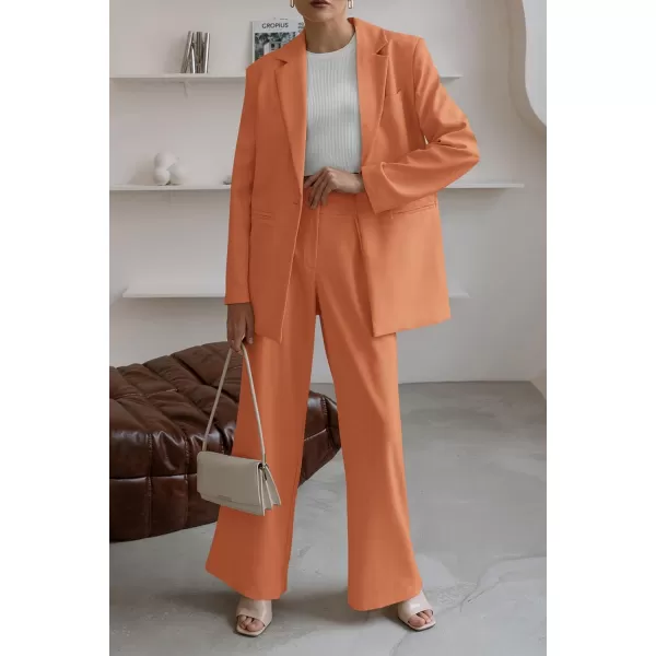 imagePRETTYGARDEN Womens 2023 Fall Two Piece Outfits Blazer Jacket and Wide Leg Pants Pockets Business Casual Suit SetsOrange