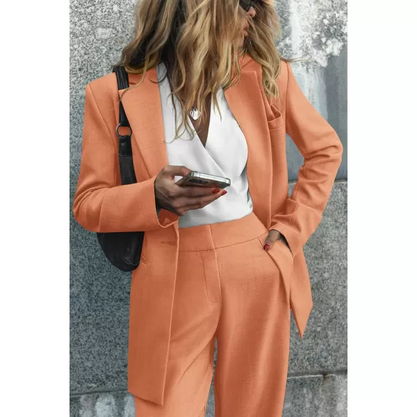 imagePRETTYGARDEN Womens 2023 Fall Two Piece Outfits Blazer Jacket and Wide Leg Pants Pockets Business Casual Suit SetsOrange