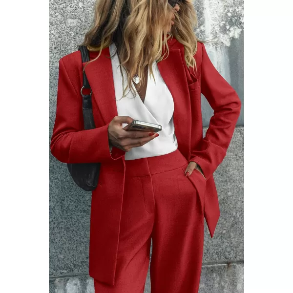 imagePRETTYGARDEN Womens 2023 Fall Two Piece Outfits Blazer Jacket and Wide Leg Pants Pockets Business Casual Suit SetsRed