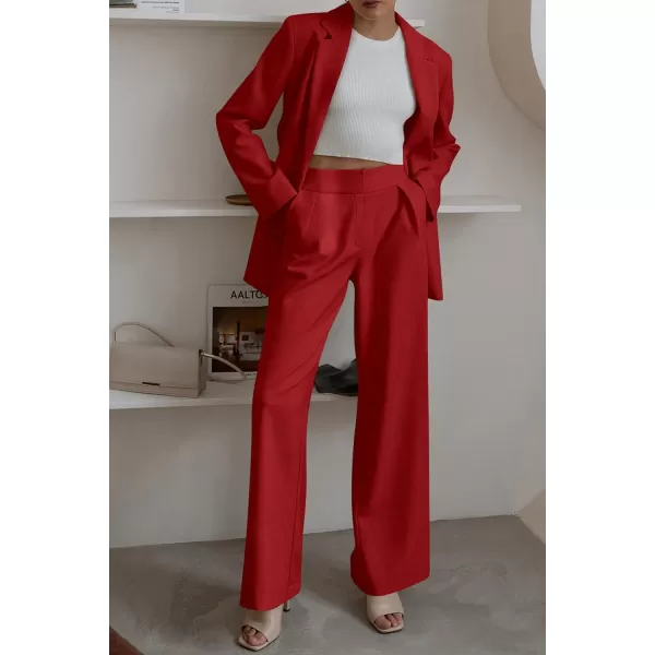 imagePRETTYGARDEN Womens 2023 Fall Two Piece Outfits Blazer Jacket and Wide Leg Pants Pockets Business Casual Suit SetsRed