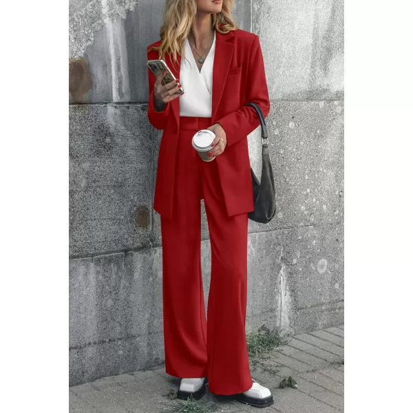 imagePRETTYGARDEN Womens 2023 Fall Two Piece Outfits Blazer Jacket and Wide Leg Pants Pockets Business Casual Suit SetsRed
