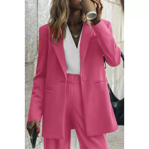 imagePRETTYGARDEN Womens 2023 Fall Two Piece Outfits Blazer Jacket and Wide Leg Pants Pockets Business Casual Suit SetsRose Red