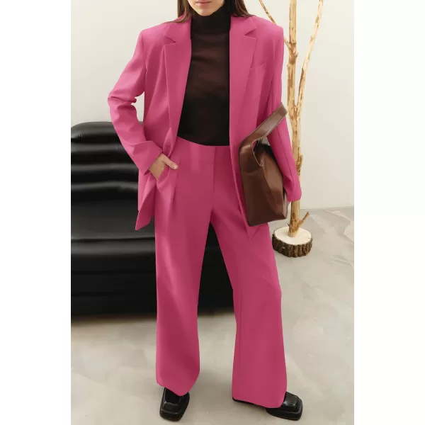 imagePRETTYGARDEN Womens 2023 Fall Two Piece Outfits Blazer Jacket and Wide Leg Pants Pockets Business Casual Suit SetsRose Red
