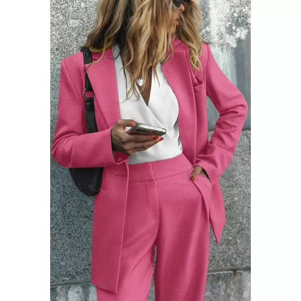 imagePRETTYGARDEN Womens 2023 Fall Two Piece Outfits Blazer Jacket and Wide Leg Pants Pockets Business Casual Suit SetsRose Red