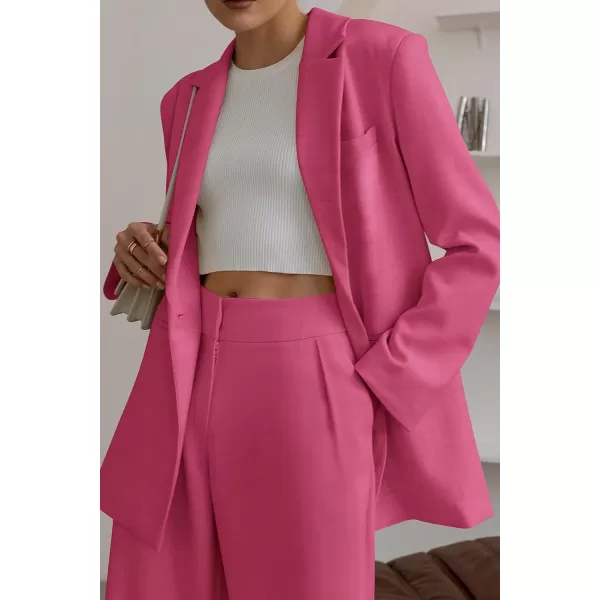 imagePRETTYGARDEN Womens 2023 Fall Two Piece Outfits Blazer Jacket and Wide Leg Pants Pockets Business Casual Suit SetsRose Red