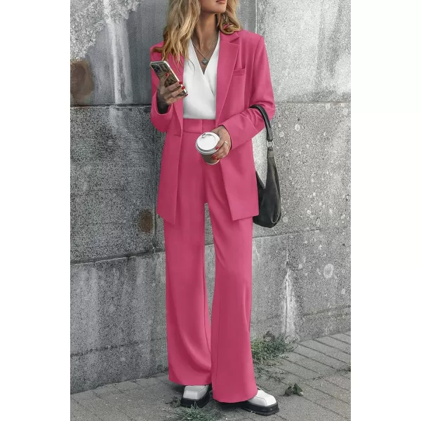 imagePRETTYGARDEN Womens 2023 Fall Two Piece Outfits Blazer Jacket and Wide Leg Pants Pockets Business Casual Suit SetsRose Red