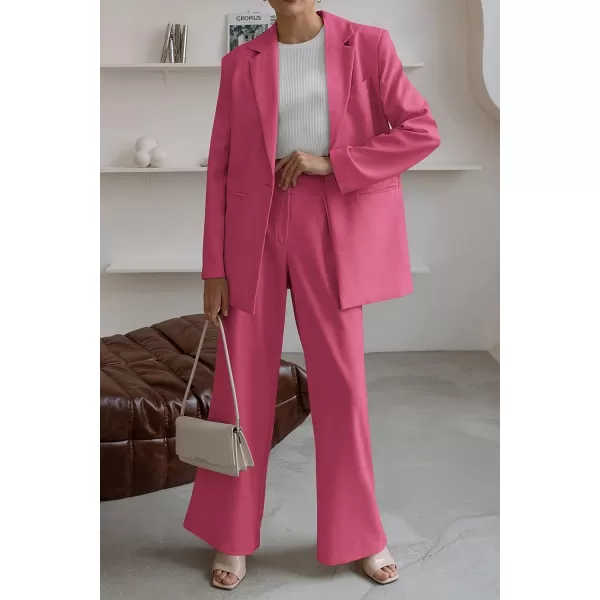 imagePRETTYGARDEN Womens 2023 Fall Two Piece Outfits Blazer Jacket and Wide Leg Pants Pockets Business Casual Suit SetsRose Red
