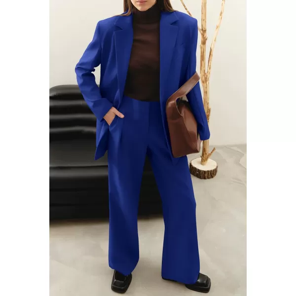 imagePRETTYGARDEN Womens 2023 Fall Two Piece Outfits Blazer Jacket and Wide Leg Pants Pockets Business Casual Suit SetsRoyal Blue