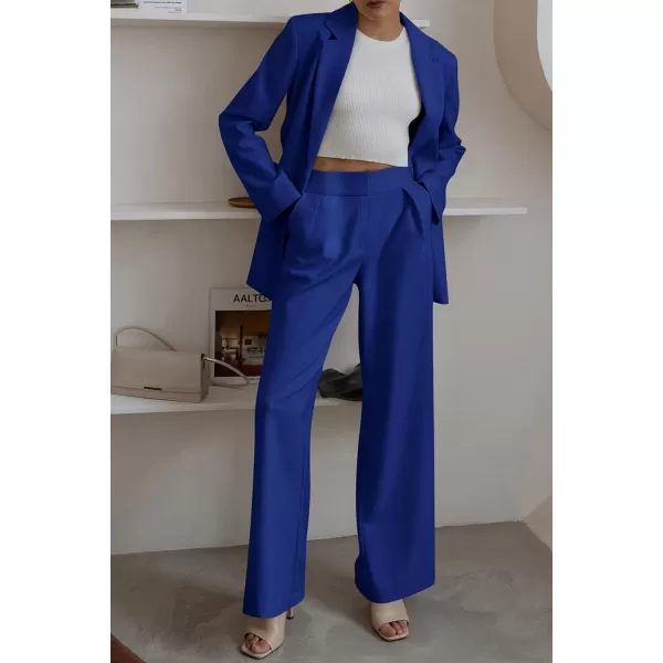 imagePRETTYGARDEN Womens 2023 Fall Two Piece Outfits Blazer Jacket and Wide Leg Pants Pockets Business Casual Suit SetsRoyal Blue