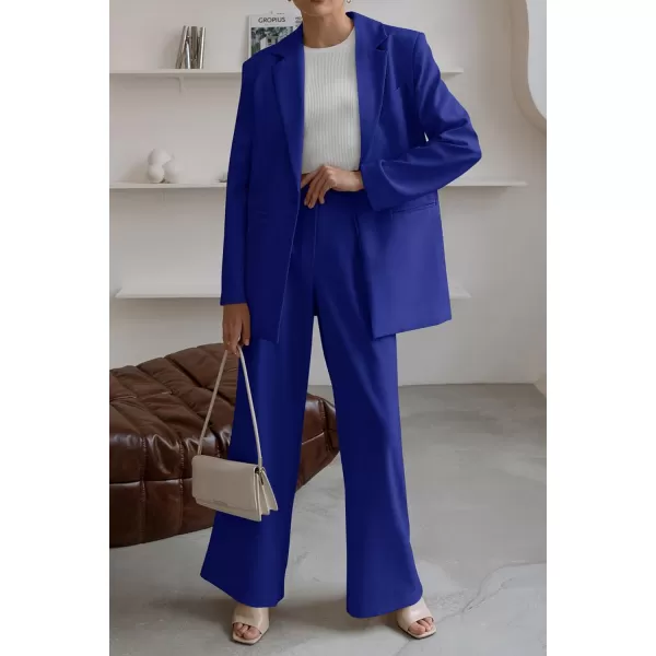imagePRETTYGARDEN Womens 2023 Fall Two Piece Outfits Blazer Jacket and Wide Leg Pants Pockets Business Casual Suit SetsRoyal Blue